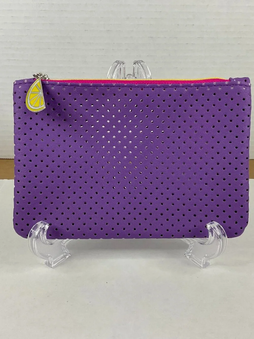 IPSY Purple Perforated Makeup Bag Cosmetic Pouch with Lemon Zipper Charm New